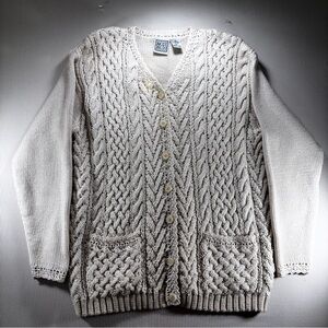 Vintage Russ Cream Knit Wool Blend Cardigan, Cable Knit, Fisherman, Chunky